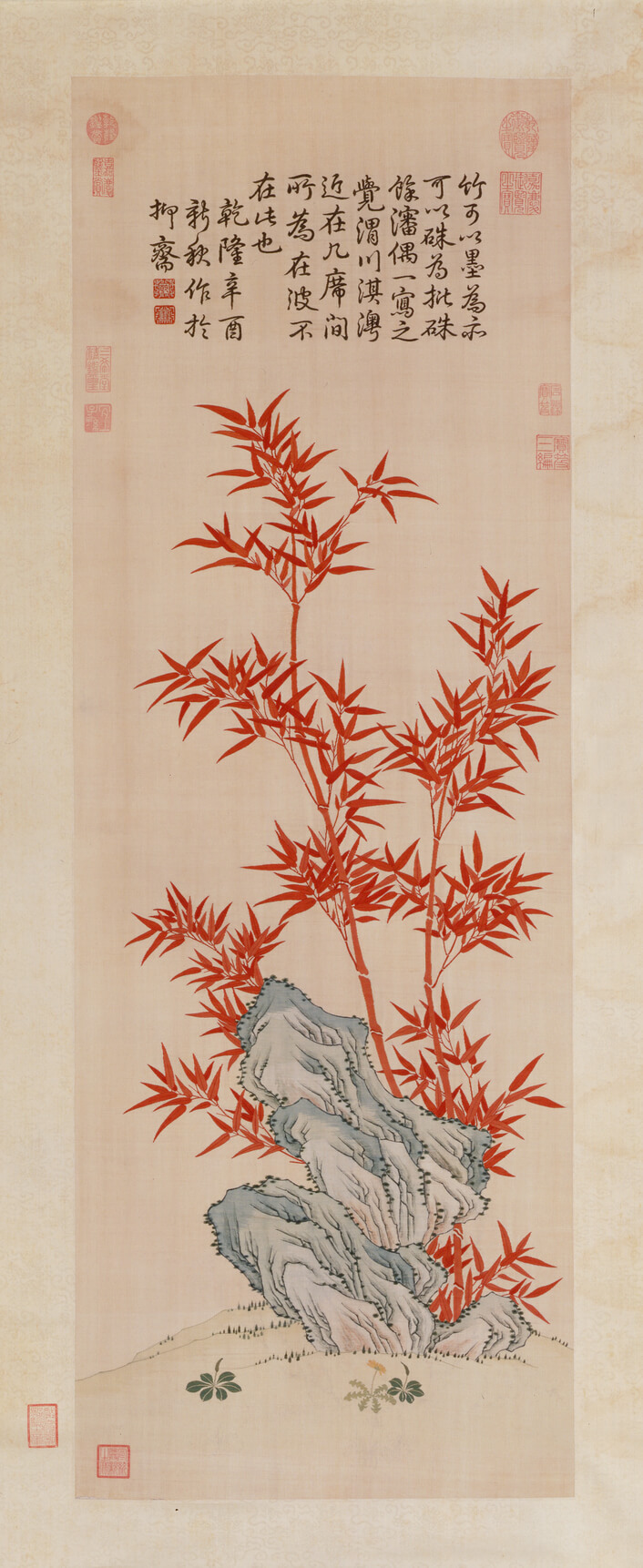 緙絲乾隆御筆朱竹圖軸
